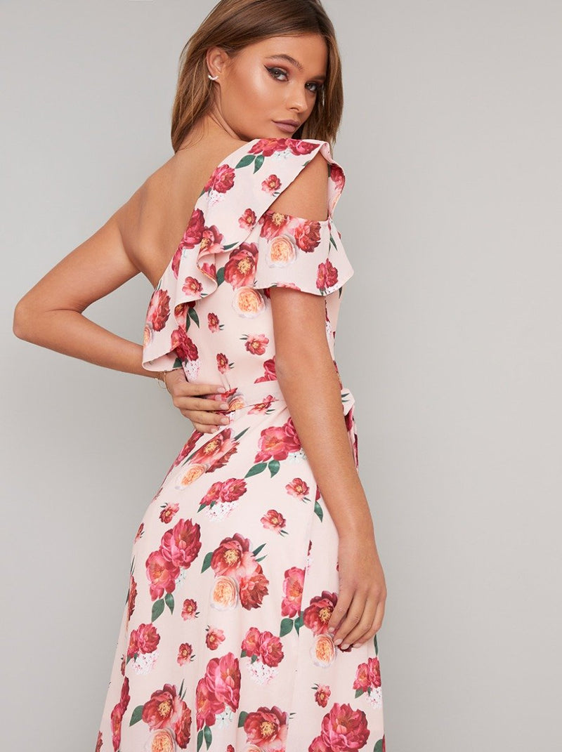 Floral Print Wrap Design Midi Dress in Nude