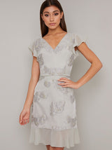 Jacquard Frill Detail Dress In Silver