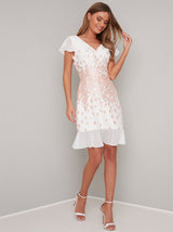Floral Jaquard Midi Dress with Cap Sleeves in White