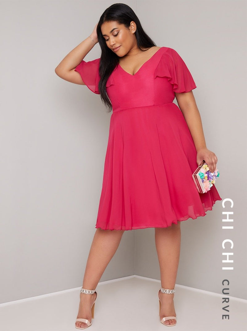Plus Size Ruffle Detail Chiffon Midi Dress in Pink