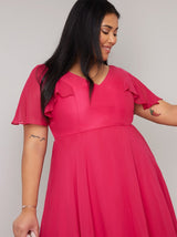 Plus Size Ruffle Detail Chiffon Midi Dress in Pink