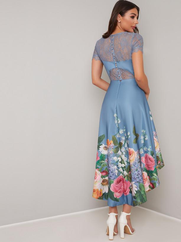 Lace Detail Border Print Dip Hem Dress in Blue