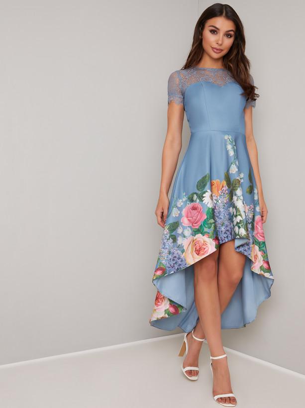 Lace Detail Border Print Dip Hem Dress in Blue