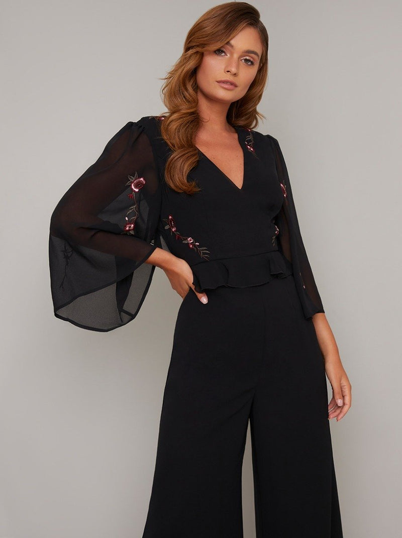 Embroidered Flare Sleeved Crop Jumpsuit in Black