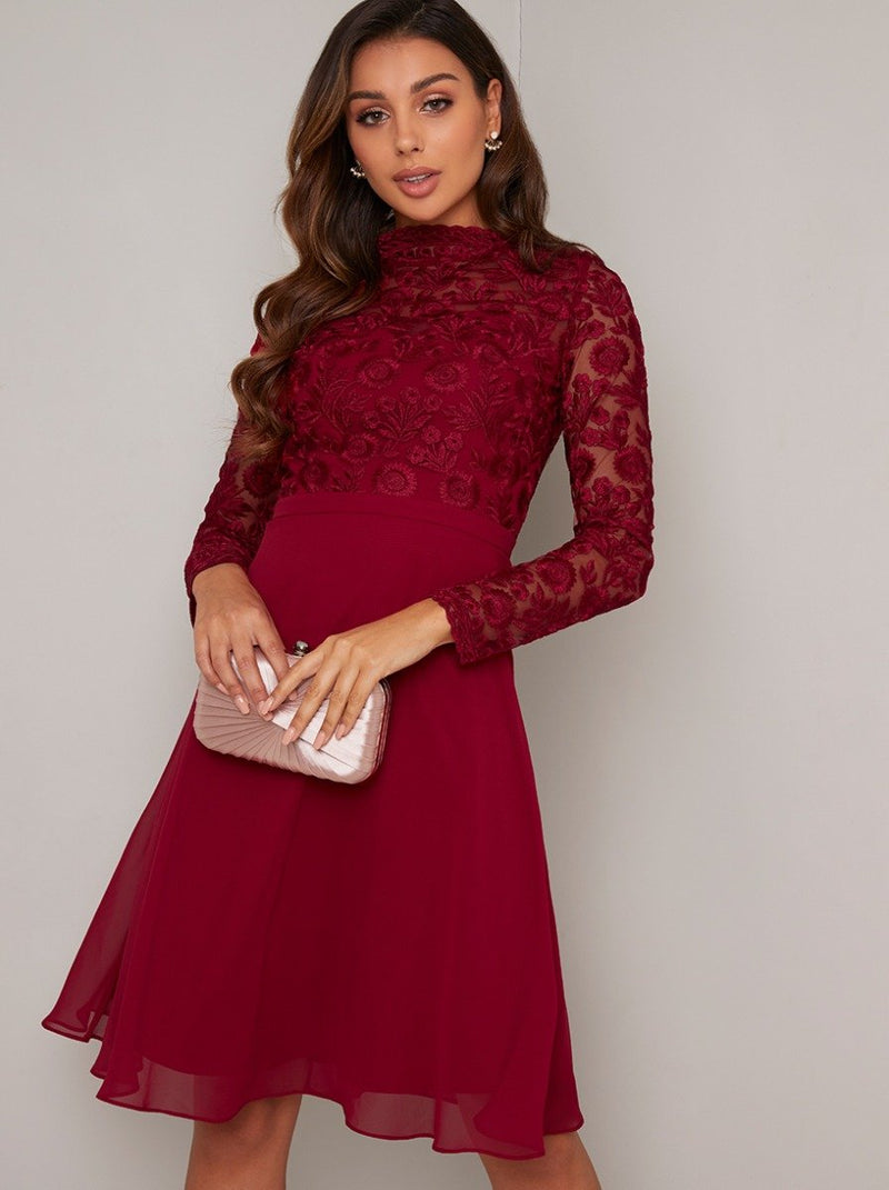 Tall Long Sleeved Lace Midi Dress in Red