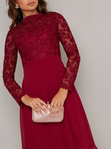 Tall Long Sleeved Lace Midi Dress in Red