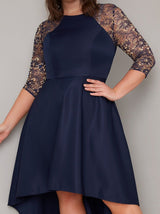 Plus Size Sheer Lace Dip Hem Midi Dress in Blue