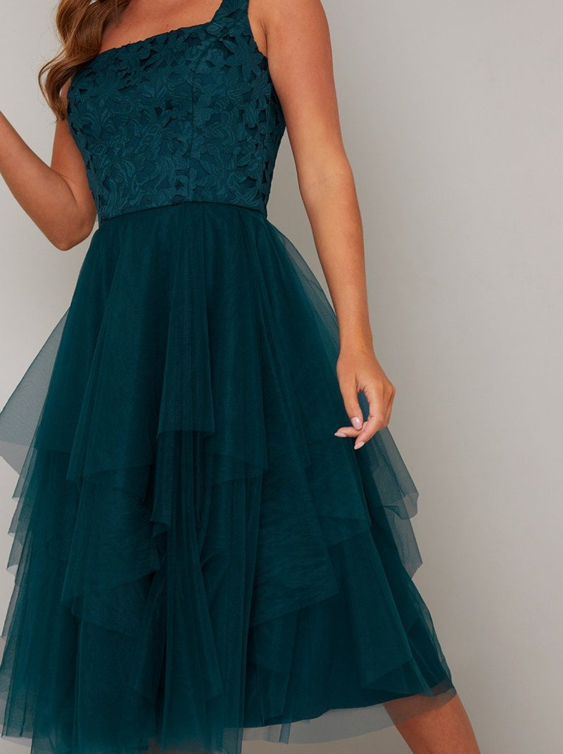 Lace Bodice Tiered Tulle Midi Dress in Green