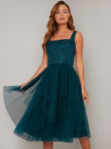 Lace Bodice Tiered Tulle Midi Dress in Green