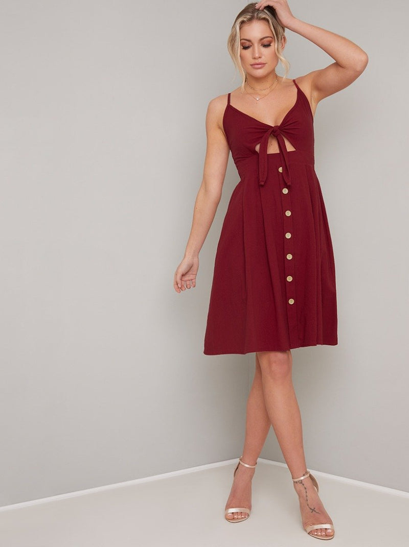 Bodice Midi Day Dress with Button Detailing in Red
