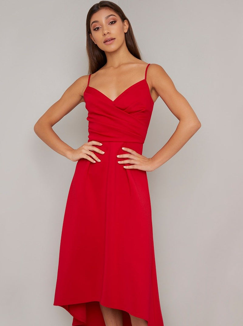 Cami Strap Plain Dip Hem Midi Dress in Red