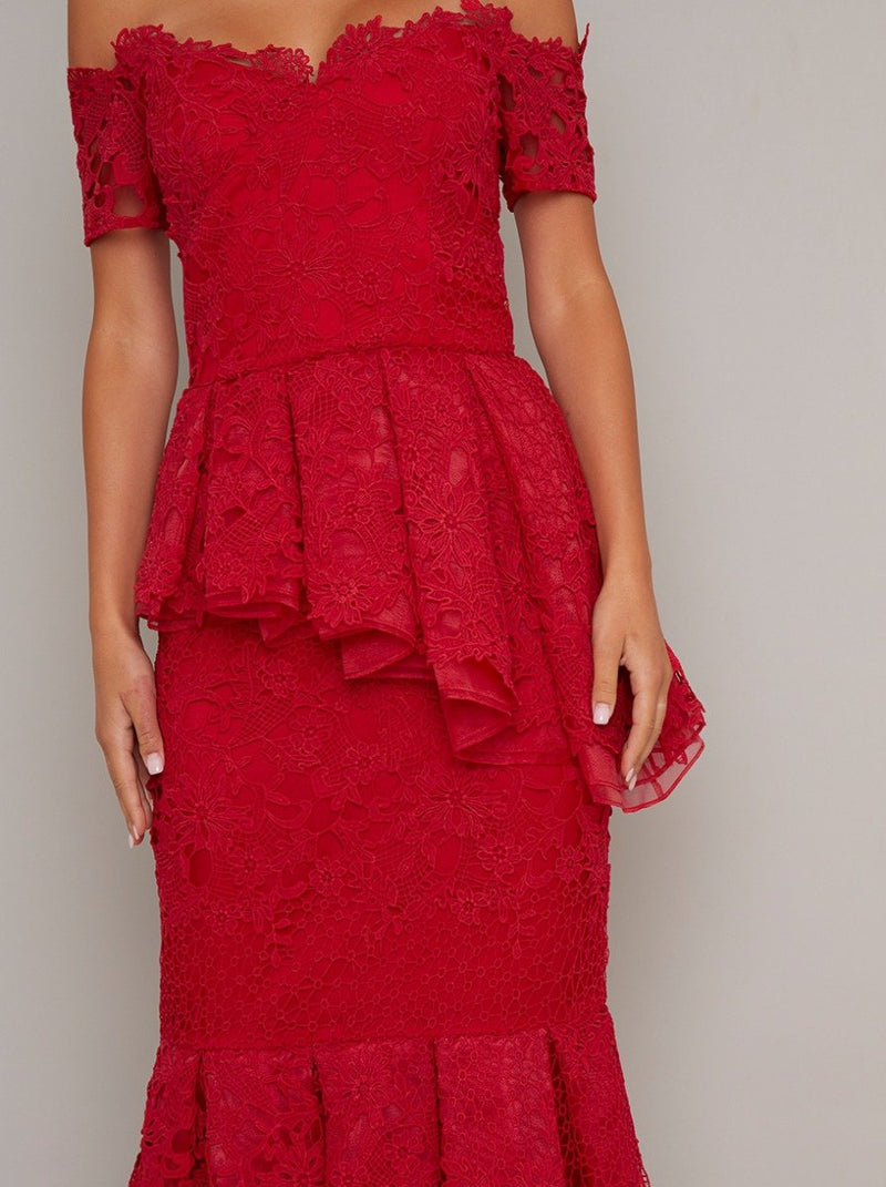 Bardot Lace Bodycon Peplum Dress in Red
