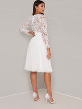 Lace Long Sleeved Midi Dress in White