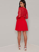 Petite Crochet Mini Dress with Fitted Bodice in Red