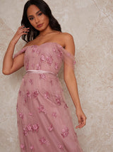 Lace Bardot Maxi Dress in Pink