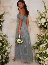 Lace Bardot Maxi Bridesmaid Dress in Grey