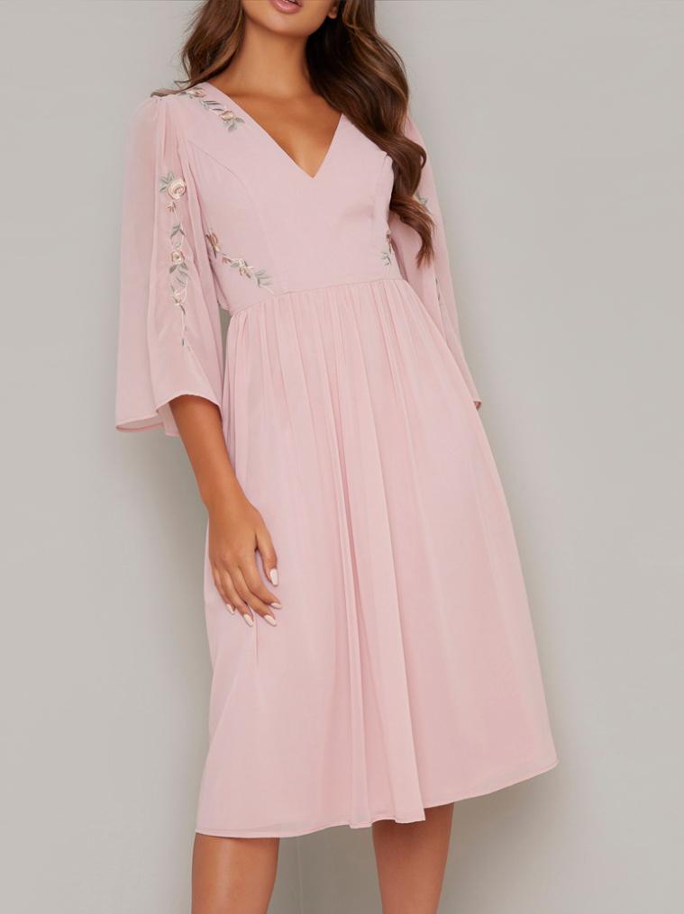 Flare Sleeved Embroidered Midi Dress in Pink