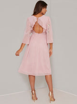 Flare Sleeved Embroidered Midi Dress in Pink