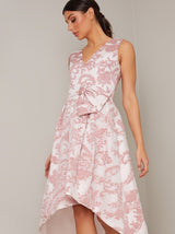 Jaquard Dip Hem Dress withbow Waist Detail in Pink
