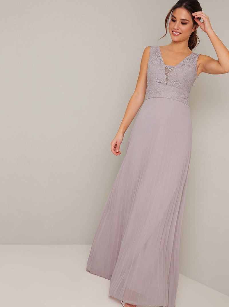 Lace Detail V Neck Pleat Maxi Dress in Purple