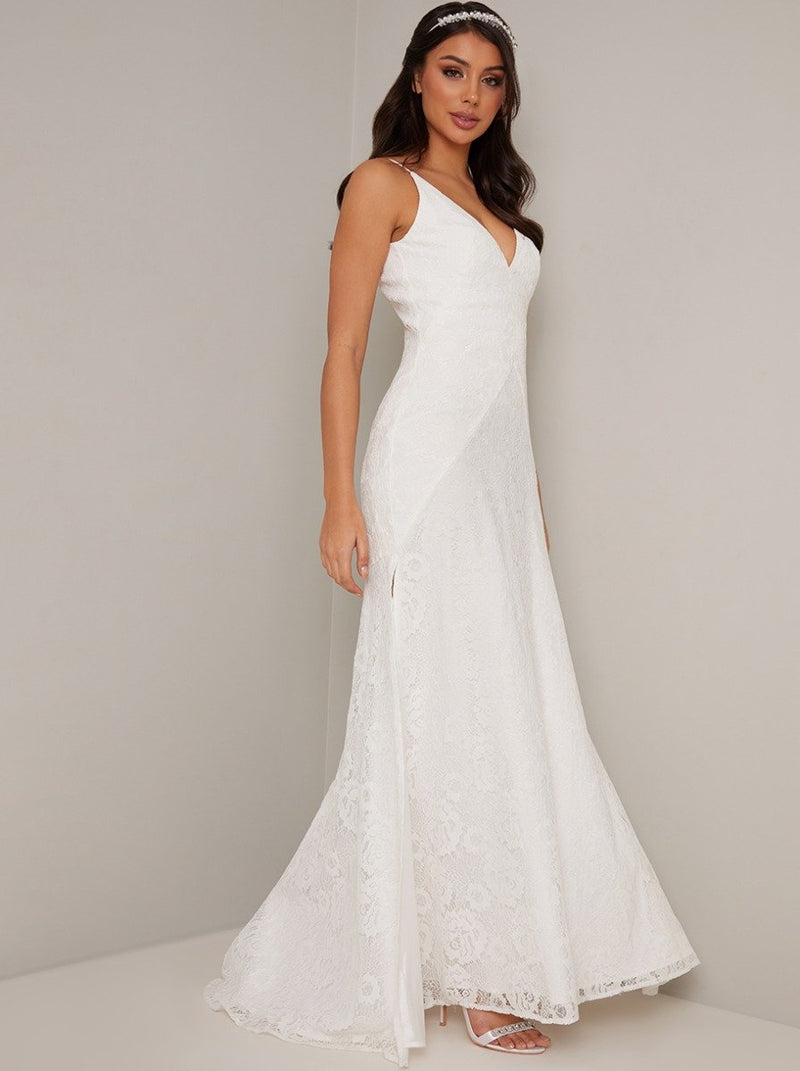Bridal V Neck Lace Evening Maxi Dress in White