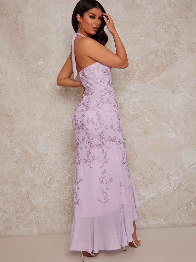 Embroidered Halter Neck Maxi Dress in Purple