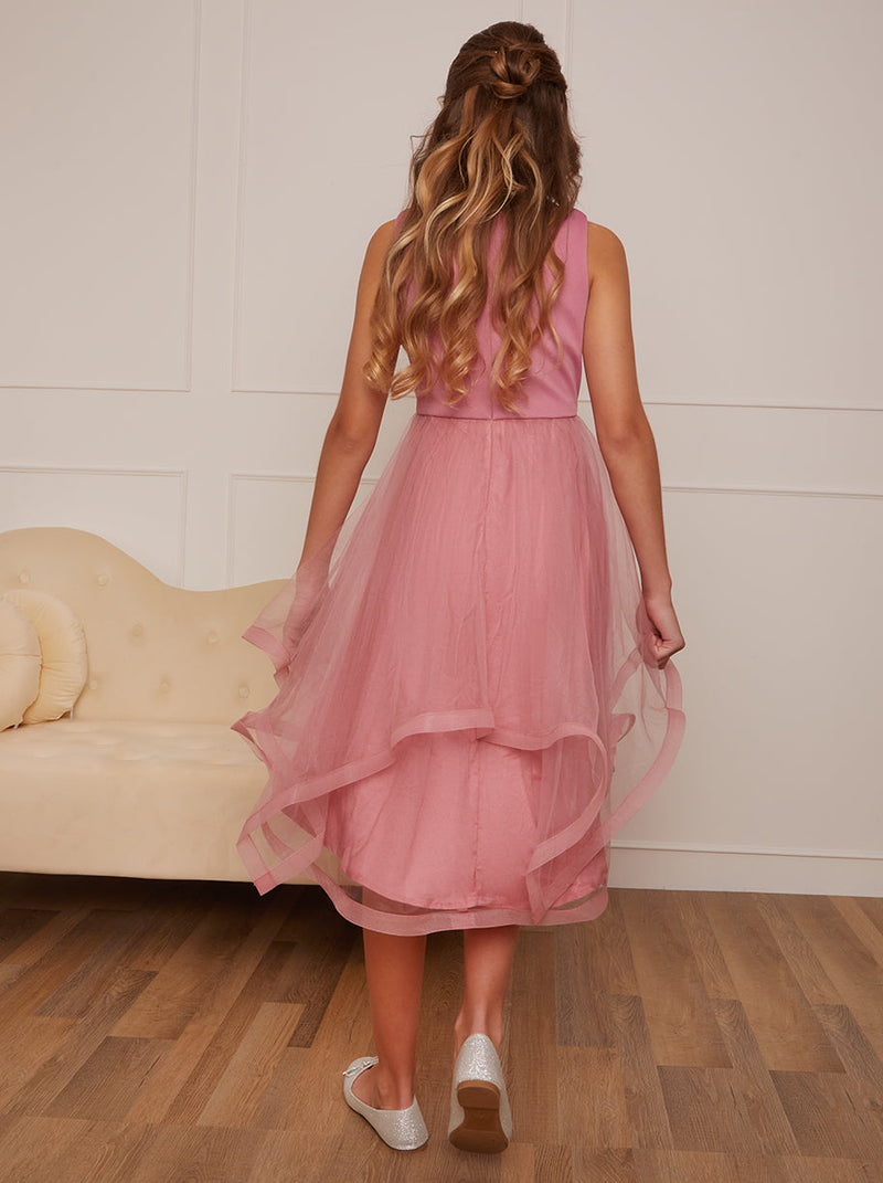 Older Girls Tulle Layered Midi Dress in Pink