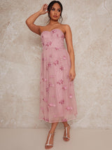 Bandeau Embroidered Midi Dress in Pink