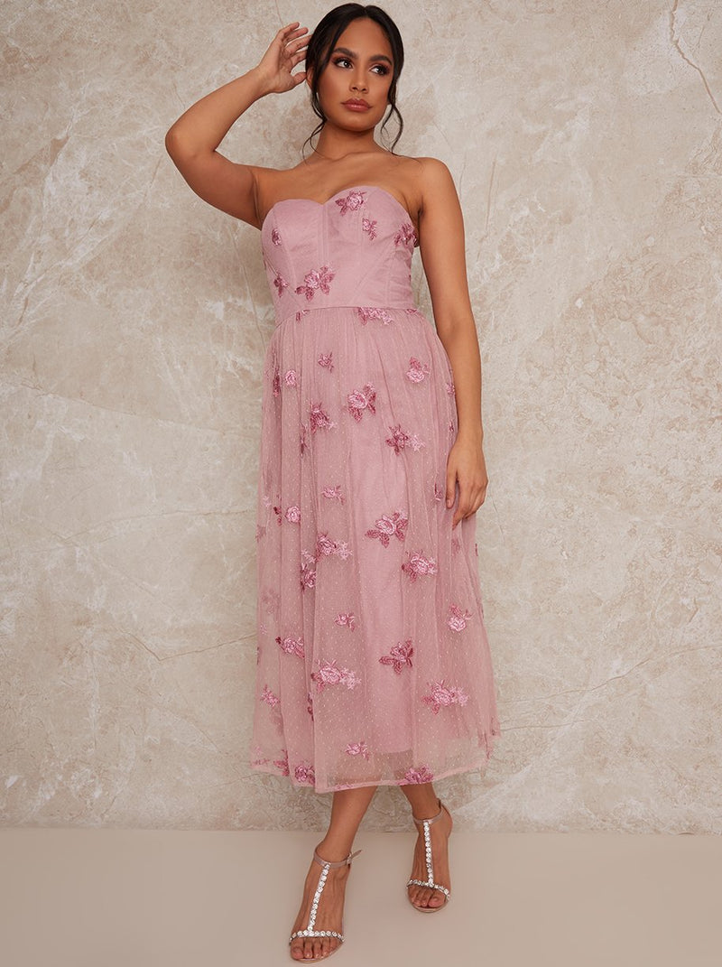 Bandeau Embroidered Midi Dress in Pink