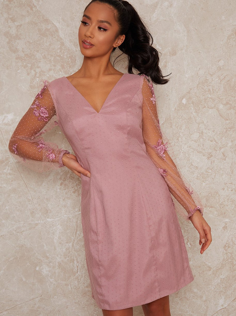 Petite Sheer Lace Sleeve Midi Dress in Pink