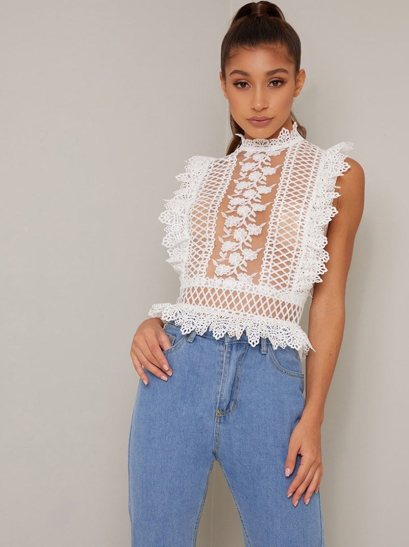 Lace Sheer High Neck Top in White