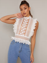 Lace Sheer High Neck Top in White
