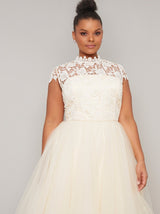 Plus Size High Neck Lace Tulle Midi Dress in Ivory