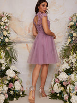 Lace Bodice Cut Out Bridesmaid Midi Dress in Lilac