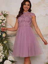 Lace Bodice Cut Out Bridesmaid Midi Dress in Lilac