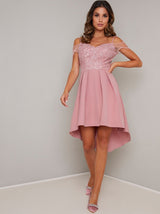 Lace Bodice Dip Hem Mini Dress In Rose Pink