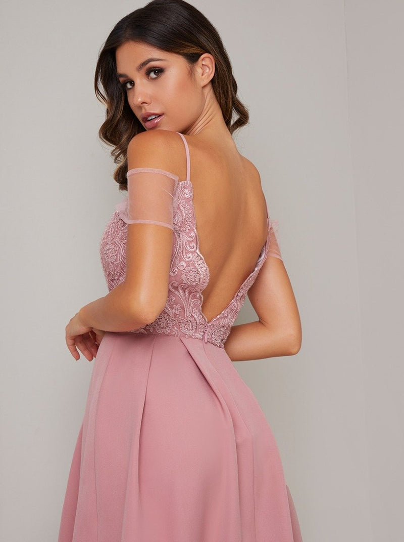 Lace Bodice Dip Hem Mini Dress In Rose Pink