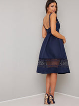 Crochet Panel Scoop Back Midi Dress in Blue