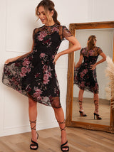 Floral Embroidered Overlay Midi Dress in Black