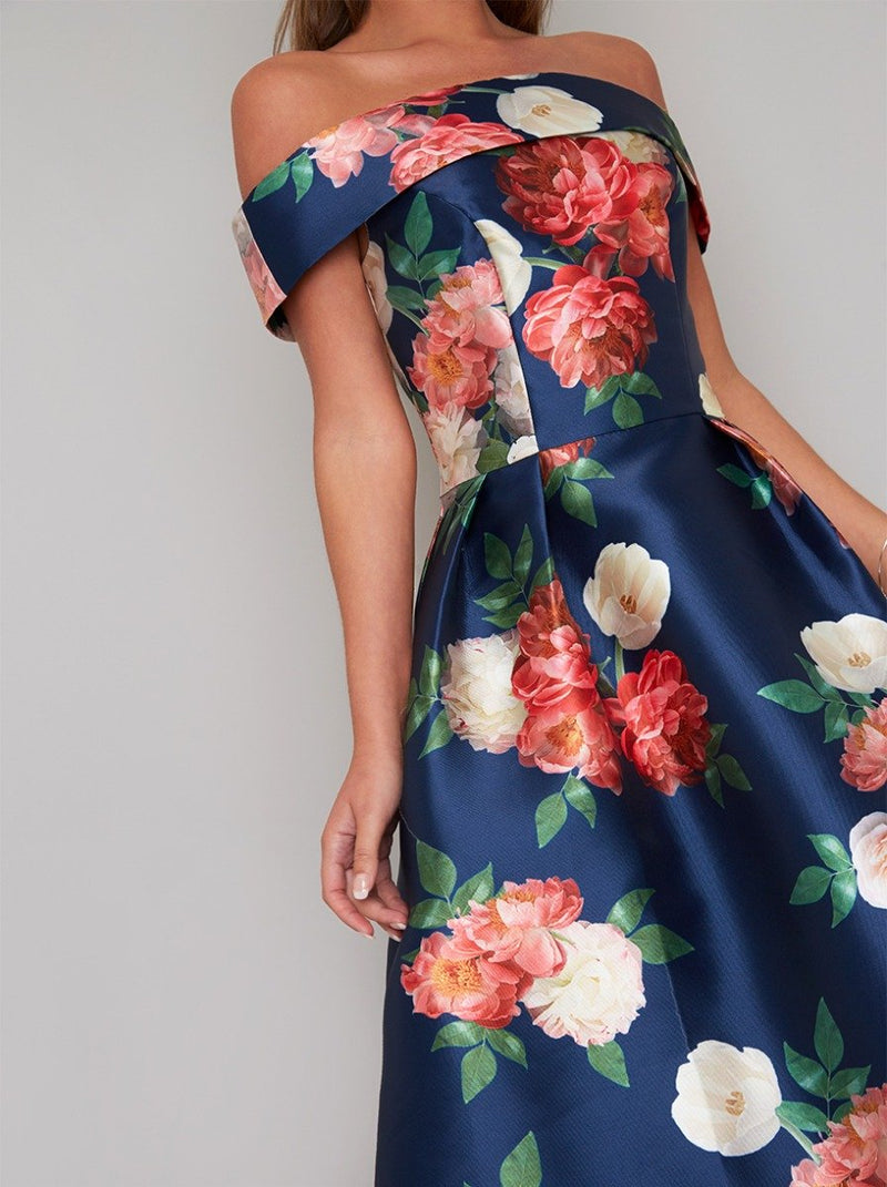 Bardot Floral Dip Hem Midi Dress in Blue
