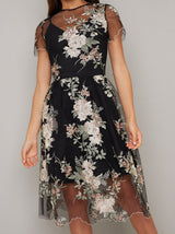 Floral Lace Overlay Midi Dress in Black