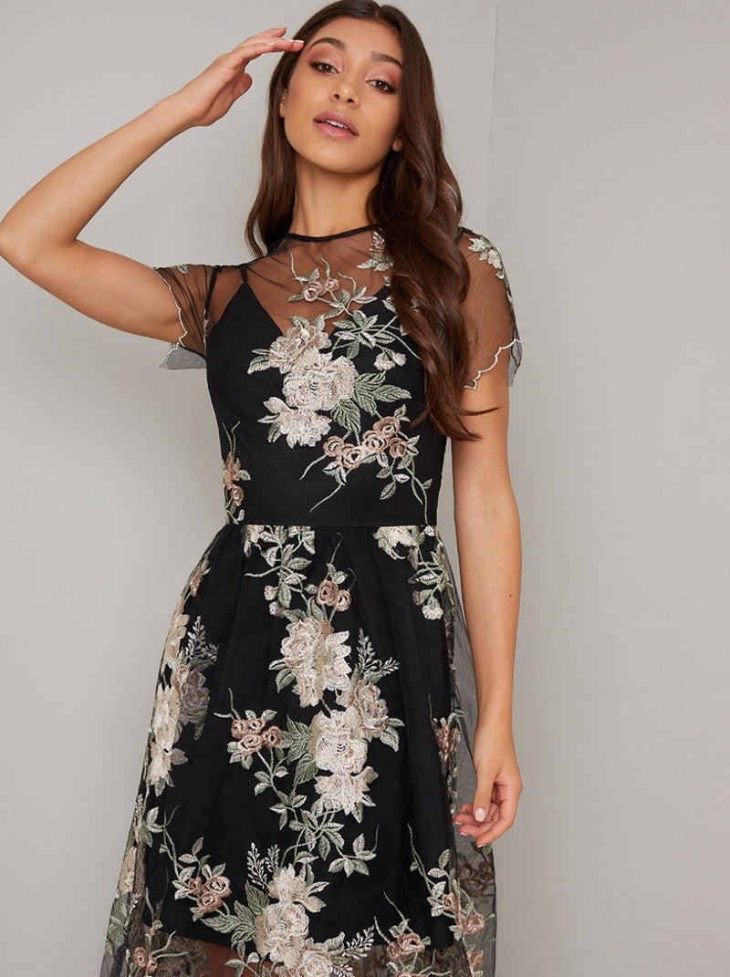 Floral Lace Overlay Midi Dress in Black