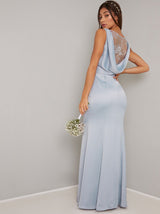 Cowl Back Lace Detail Satin Maxi Dress in Blue