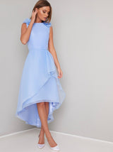 Ruffle Detail Organza Layered Midi Dress in Blue