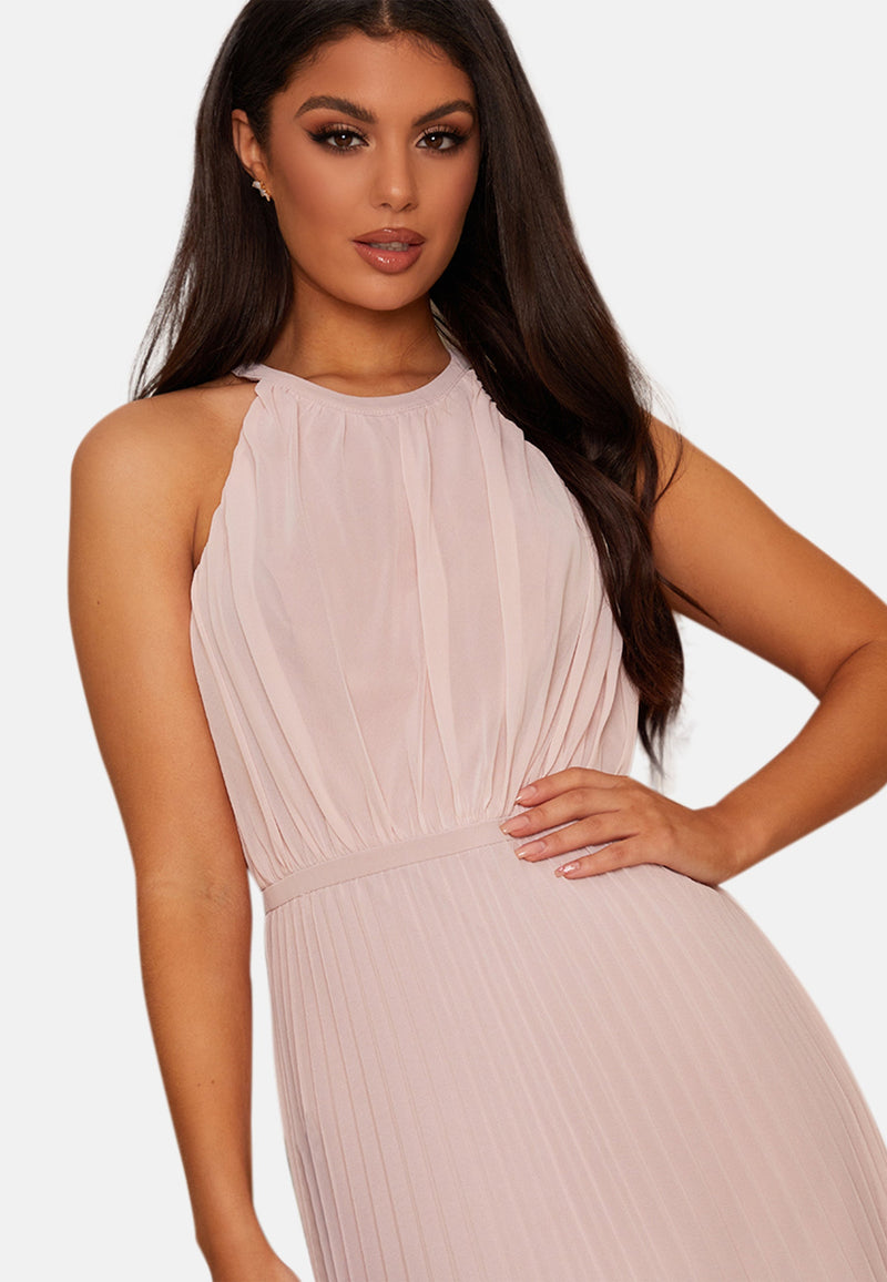 Halter Neck Pleated Maxi Dress in Pink