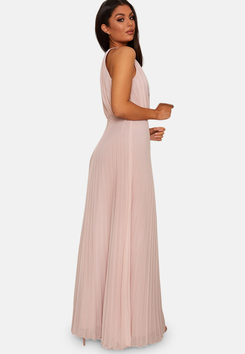 Halter Neck Pleated Maxi Dress in Pink