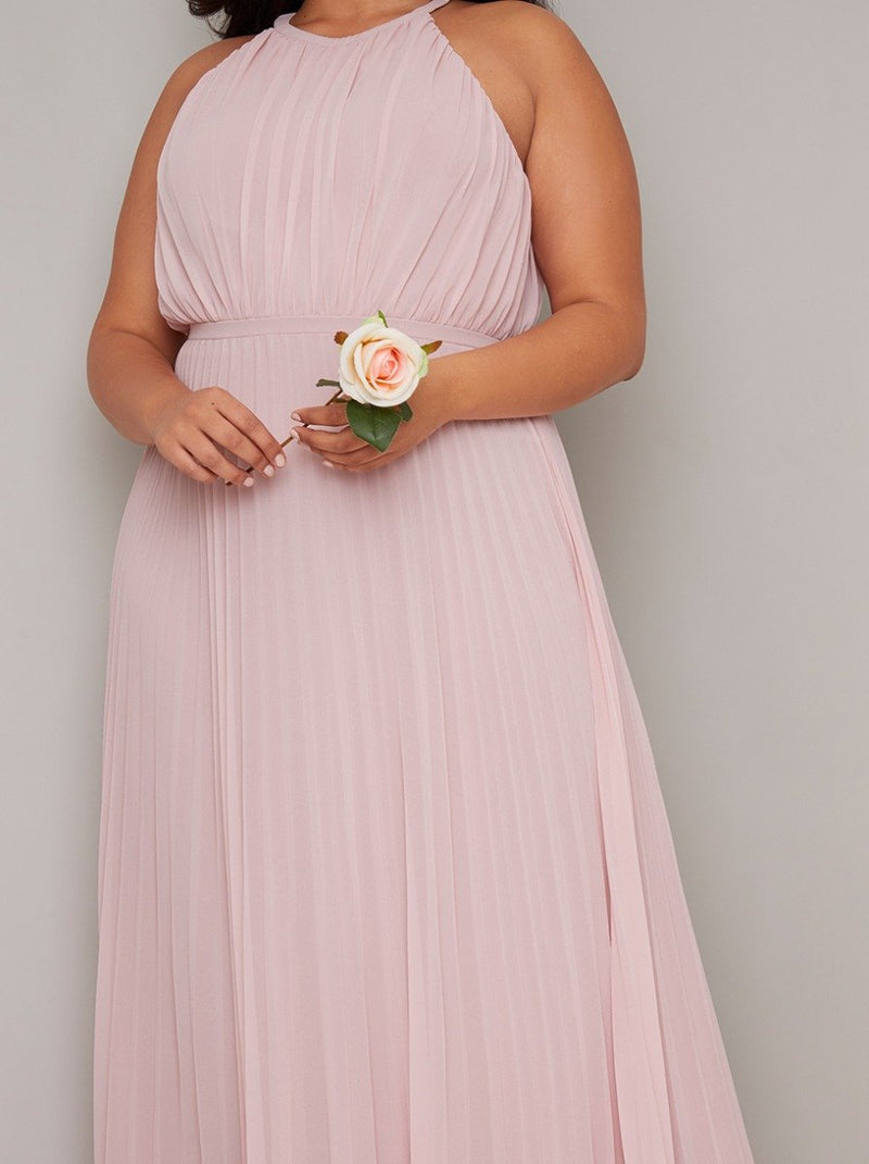 Plus Size Pleated Racer Neckline Maxi Dress in Pink