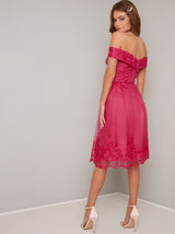 Lace Bardot Detail Midi Dress In Pink