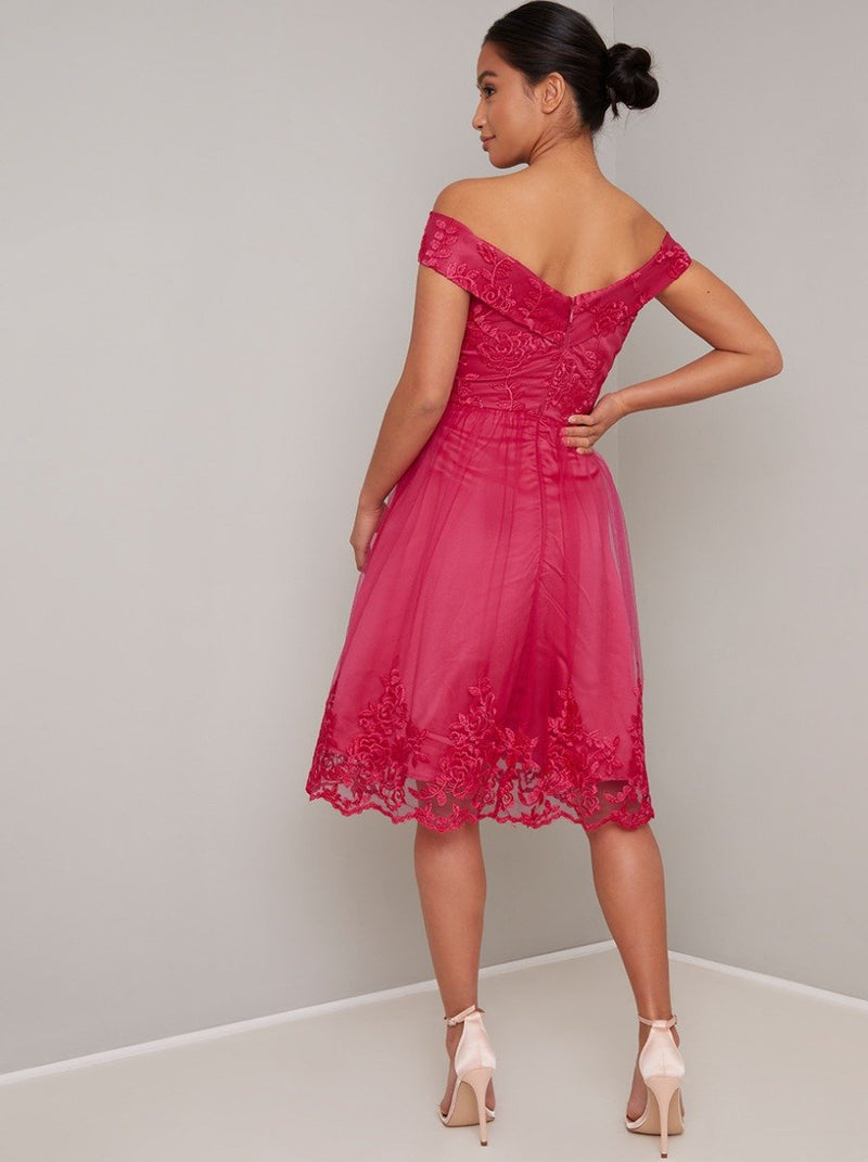 Petite Lace Bardot Detail Midi Dress In Pink