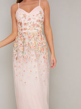 Cami Strap Lace Embroidered Overlay Maxi Dress in Nude